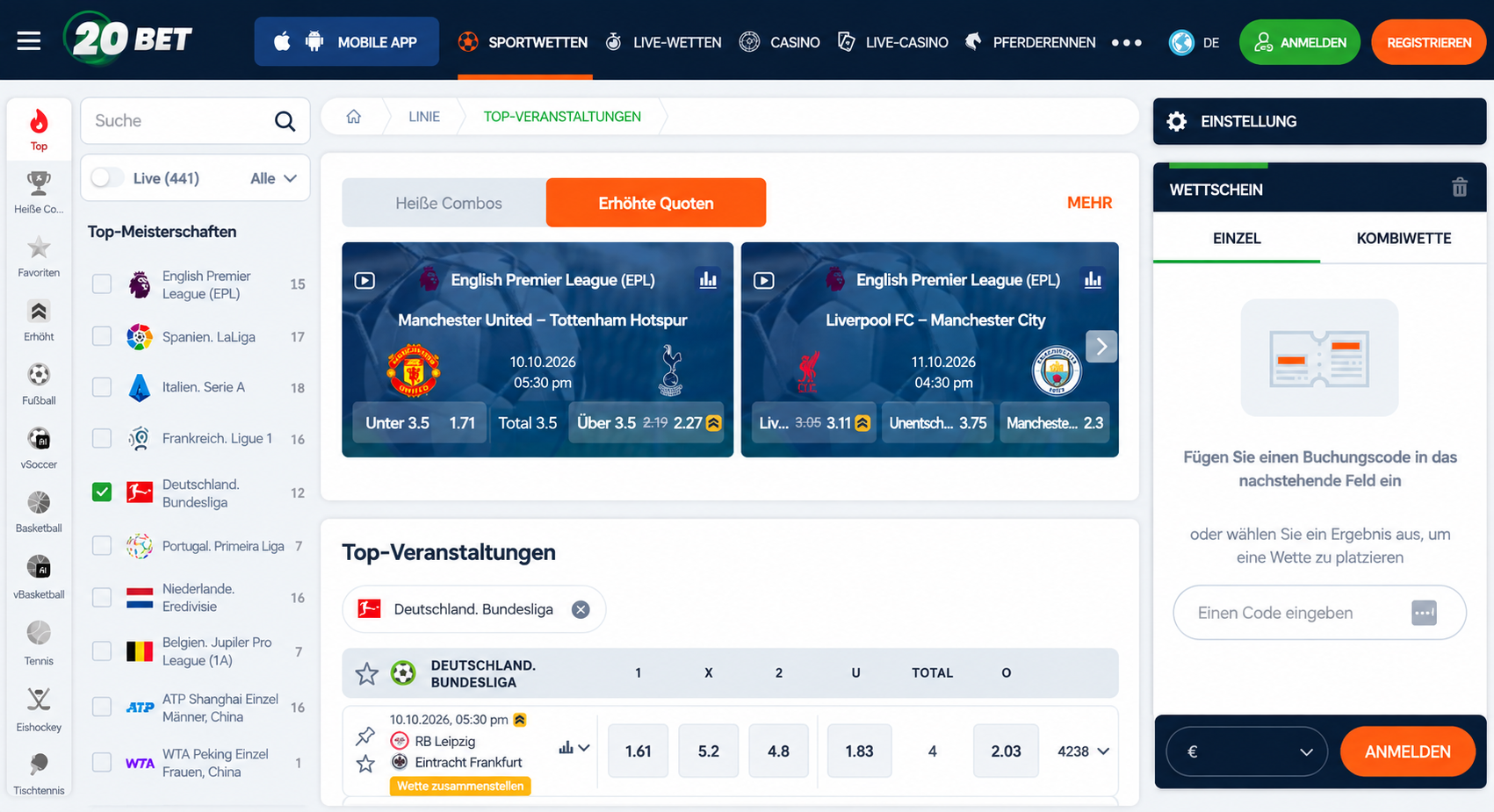 20Bet Sportwetten-Plattform